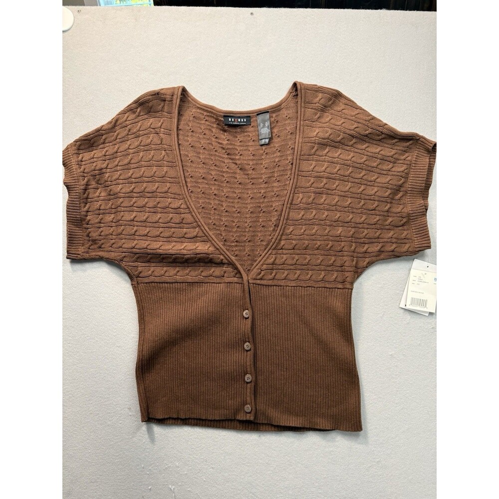 NWT Axcess Liz Claiborne Brown Cable Knit Cardigan Sweater Short Sleeve XL
